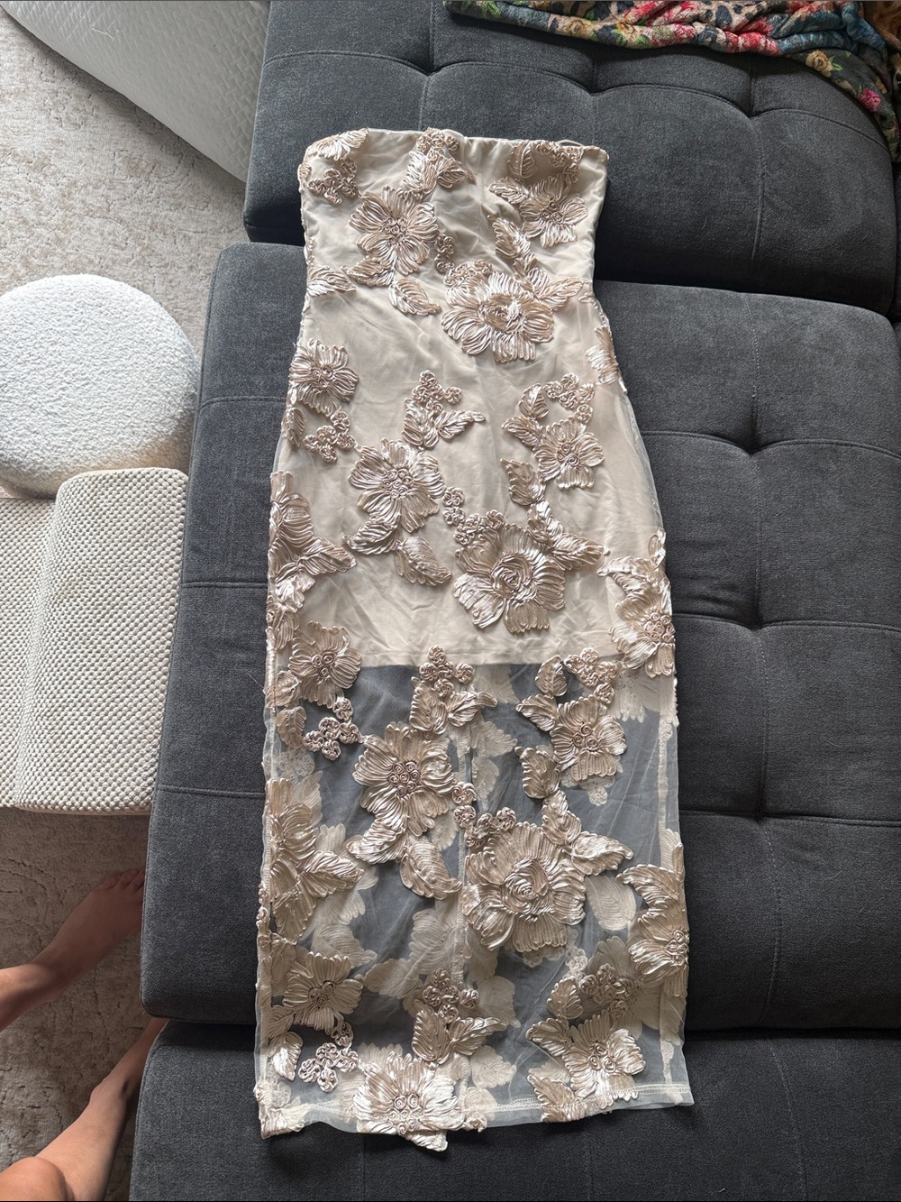 Camila Coelho Strapless Floral Appliqué Midi Dress in Champagne